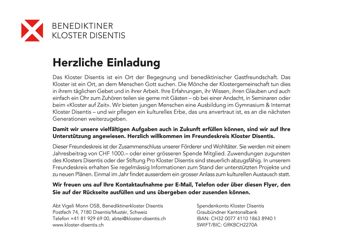 Anmeldung Freundeskreis Kloster Disentis
